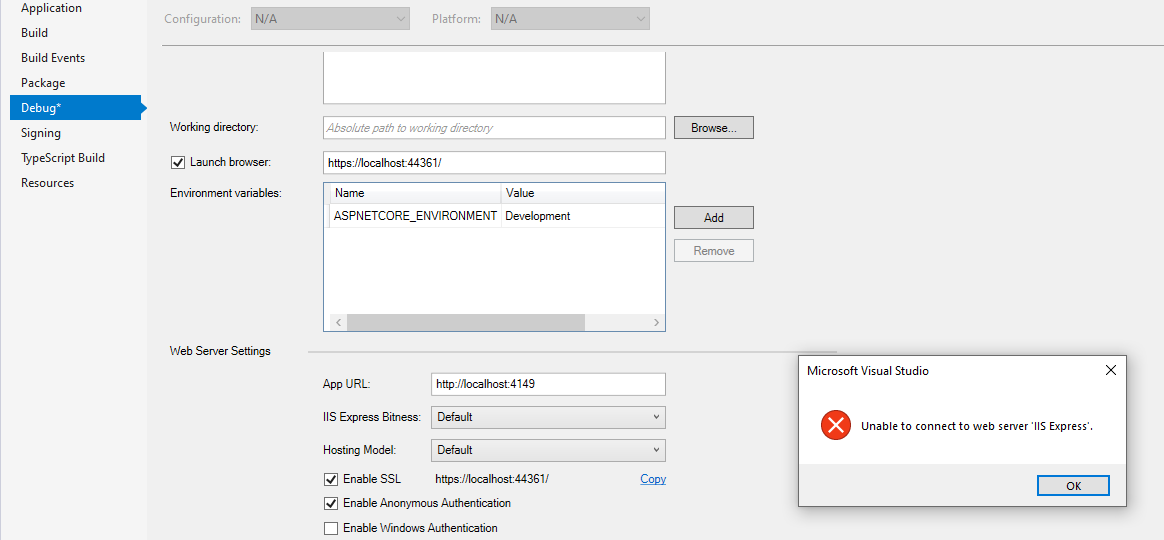 Fixing Visual Studio 2017 unable to connect to Web Server 'IIS Express'